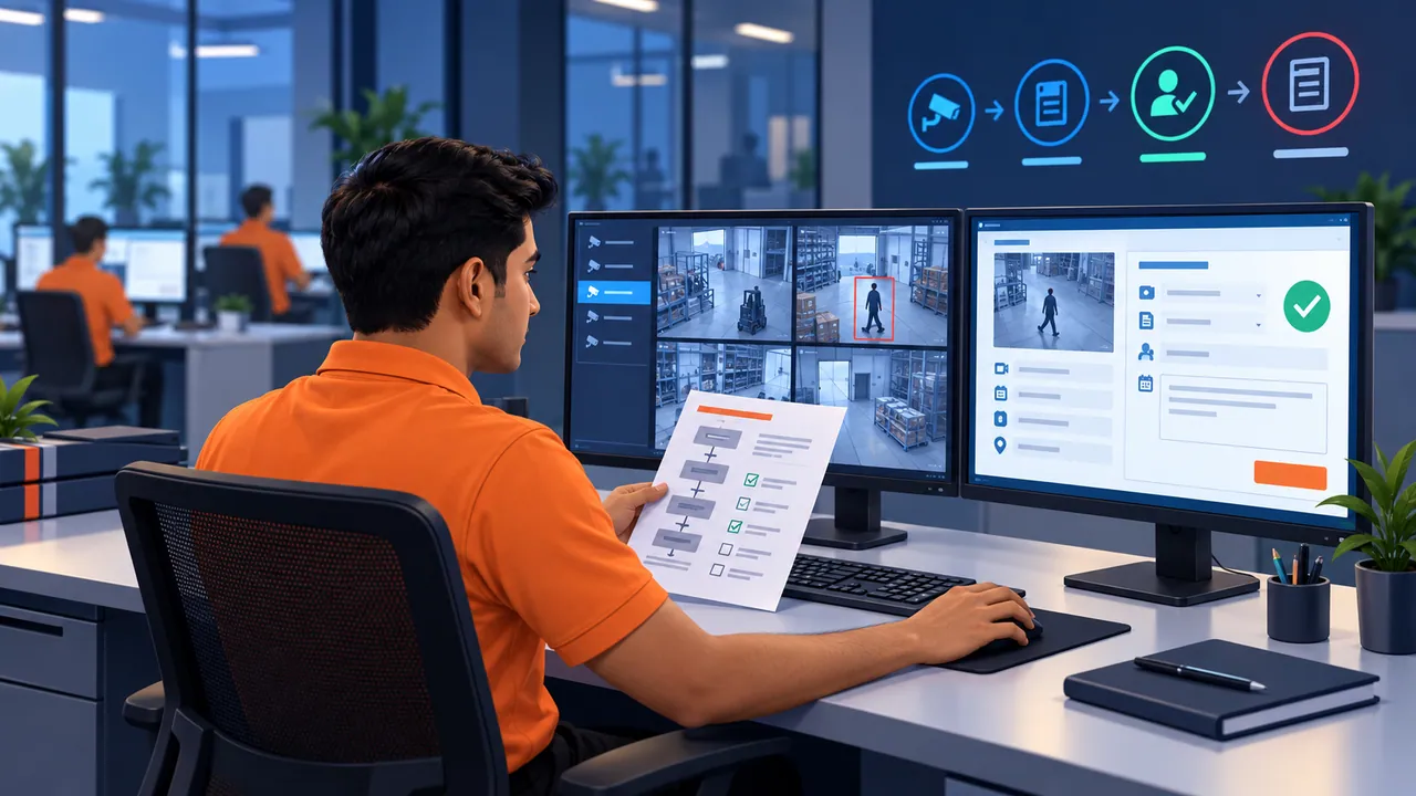 Concept illustration of an Indian iSurveillanz professional reviewing CCTV footage, checking a written SOP and preparing a verified incident report.