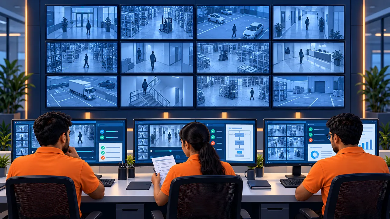 Illustrative Indian surveillance professionals in orange iSurveillanz polo shirts reviewing anonymized CCTV footage at scheduled intervals and preparing a verified report.