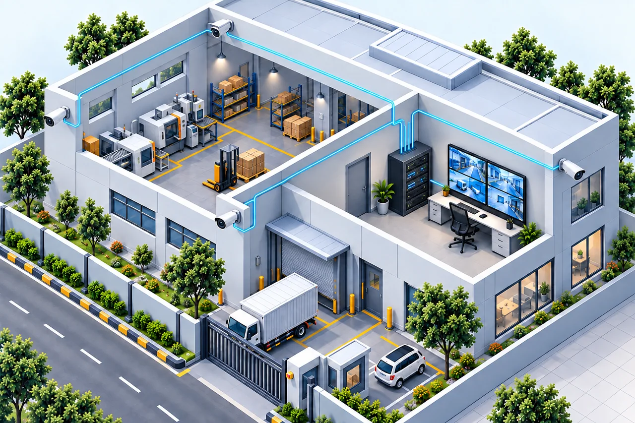 Premium 2.5D illustration of existing CCTV cameras connected to an on-site DVR/NVR at the client’s premises.