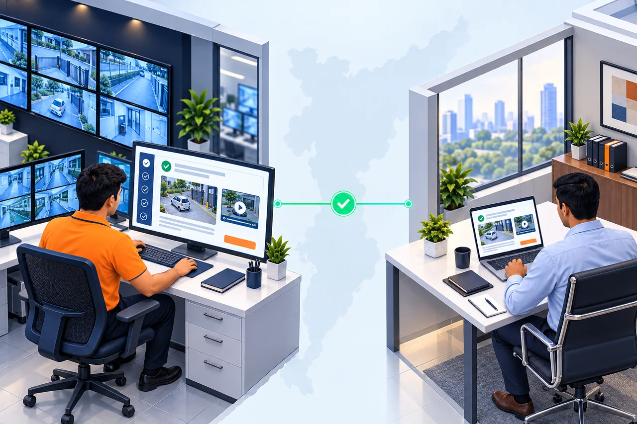 Premium 2.5D illustration showing an iSurveillanz professional completing a verified report in Pune and an authorized client receiving it in a separate office.