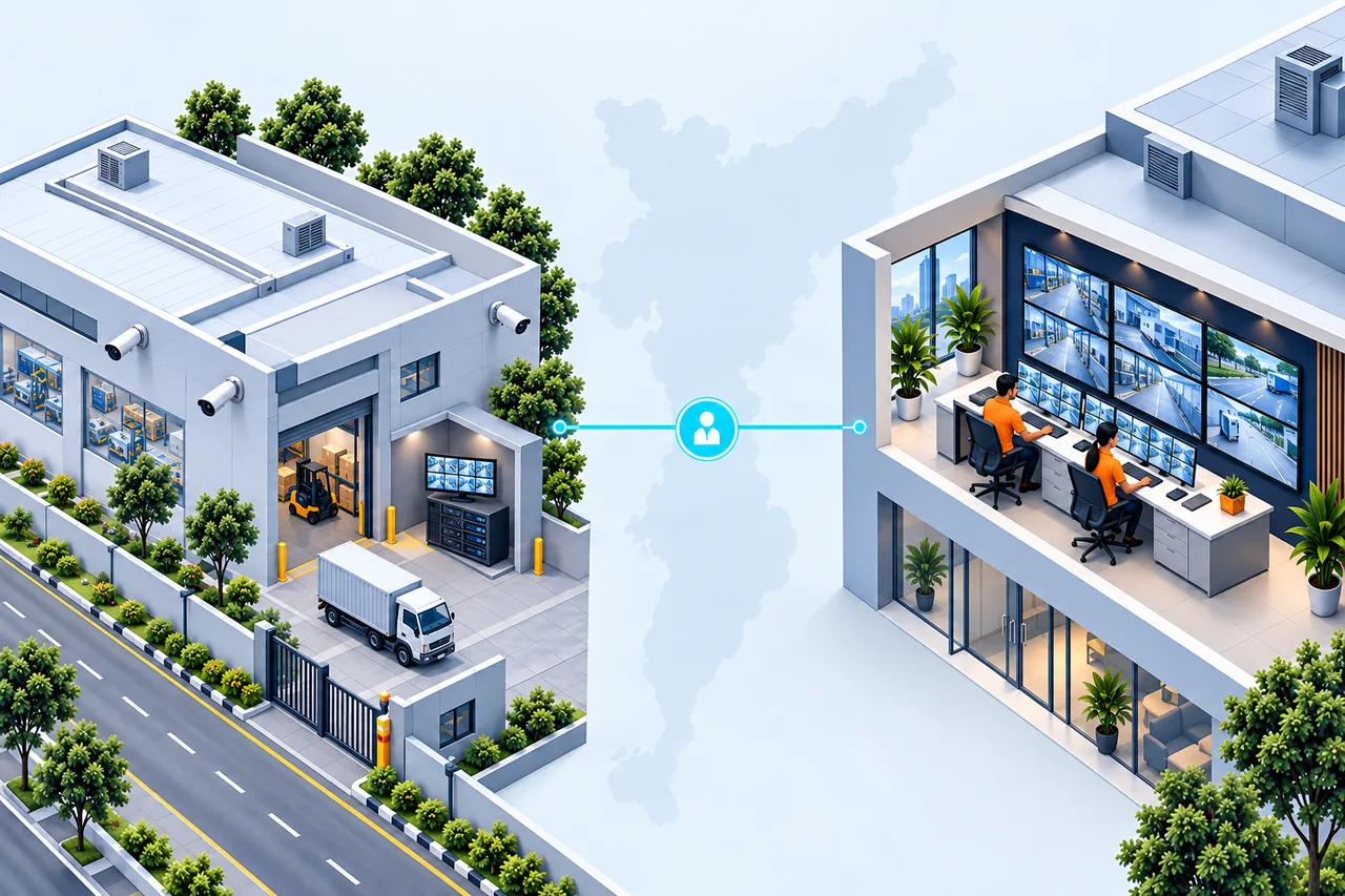 Premium 2.5D illustration of a client premises and the separate Pune Remote Monitoring Centre connected by one thin authorized-viewing line.