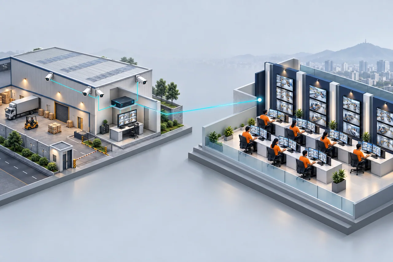 Premium 2.5D concept illustration showing an iSurveillanz professional actively monitoring authorized client cameras during contracted live-surveillance hours.