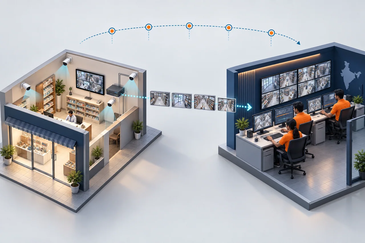 Premium 2.5D concept illustration showing a smaller client premises and six scheduled footage-review cycles across a 24-hour period.