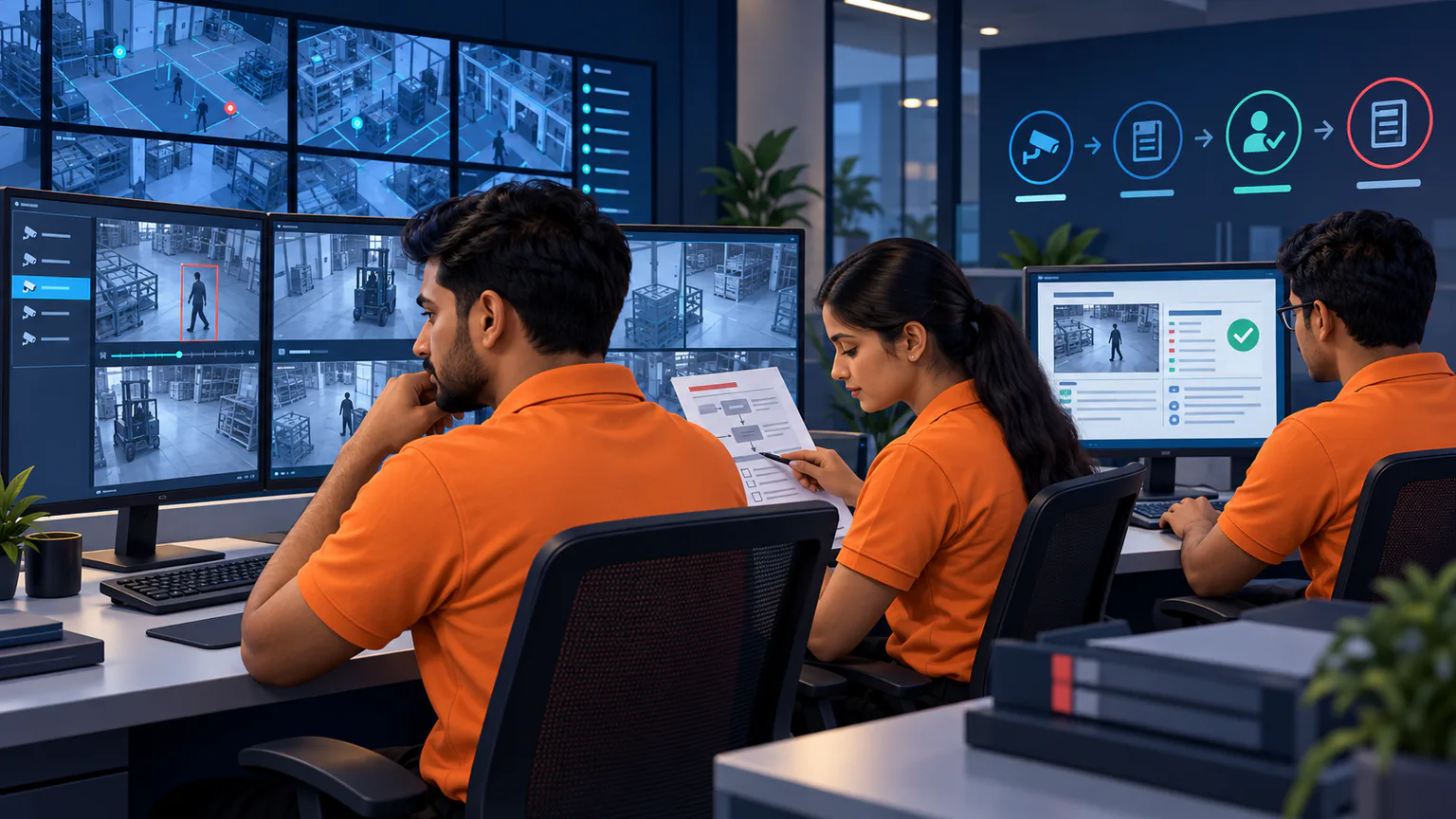 Illustrative surveillance operations room with Indian professionals in orange polo shirts reviewing anonymized CCTV views and preparing a verified report.